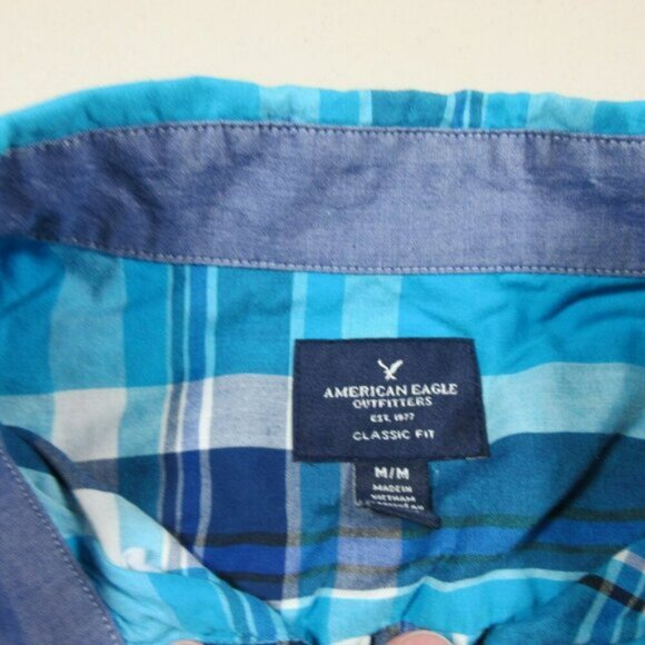 American Eagle mens blue black white plaid Classic fit button shirt M EUC - Picture 3 of 4